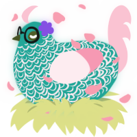 A turquoise and rose chicken with a double-lace pattern