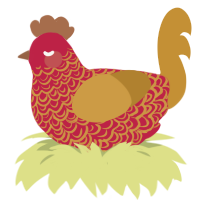 Aie, a crimson and gold chicken with a double-lace pattern