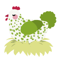 Mrs Daikon, a white and chartreuse chicken with a speckle pattern
