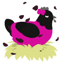 A fuchsia and black chicken with a head pattern