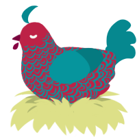 Odysseus, a crimson and teal chicken with a double-lace pattern