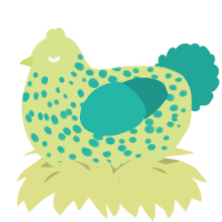 Cabbages, a lemon and turquoise chicken with a speckle pattern