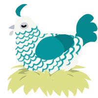Ilot, a white and teal chicken with a lace pattern