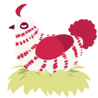 Prudence, a white and crimson chicken with a bar pattern
