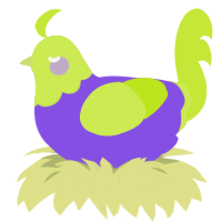 Isimo, a blurple and lime chicken with a head pattern