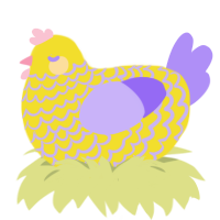 Yarn Ball, a yellow and lilac chicken with a lace pattern