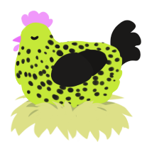 slime mold, a lime and sable chicken with a speckle pattern