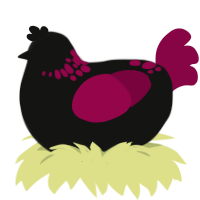 A black and maroon chicken with a neck-speckle pattern