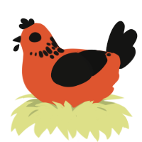 A vermilion and black chicken with a neck-speckle pattern