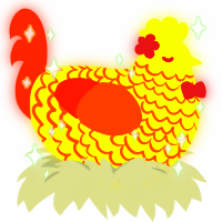 A lime and vermilion chicken with a lace pattern