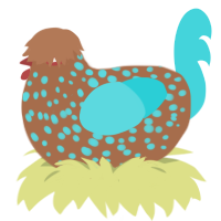 A brown and aqua chicken with a speckle pattern