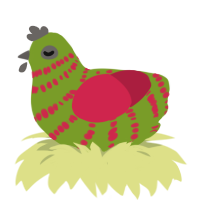 red kiwifruit, a chartreuse and crimson chicken with a bar pattern