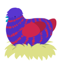 A indigo and crimson chicken with a bar pattern
