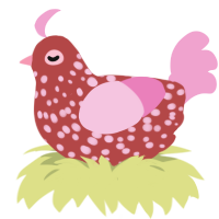 A red and pink chicken with a speckle pattern