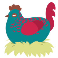 A teal and crimson chicken with a half-lace pattern