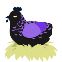 Emo, a sable and blurple chicken with a half-lace pattern