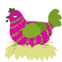 A fuchsia and chartreuse chicken with a bar pattern