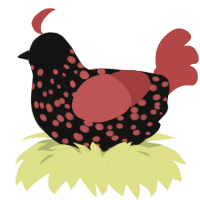 A black and red chicken with a speckle pattern