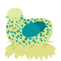 A lemon and teal chicken with a speckle pattern