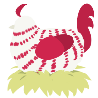 Unhelpful CandyCane, a white and crimson chicken with a bar pattern