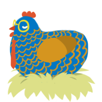 A sapphire and ochre chicken with a lace pattern