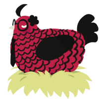 wavi, a crimson and black chicken with a lace pattern