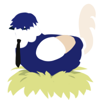 He wears a tiny suit, a navy and cream chicken with a head pattern