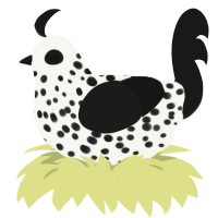 A white and sable chicken with a speckle pattern