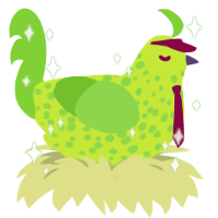 A lime and grass chicken with a speckle pattern