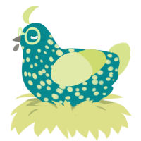 A teal and lemon chicken with a speckle pattern