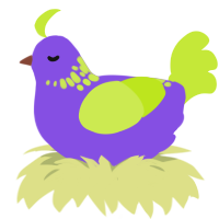 A blurple and lime chicken with a neck-speckle pattern