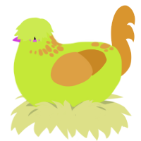 A lime and orange chicken with a neck-speckle pattern