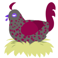 gloom, a grey and maroon chicken with a speckle pattern