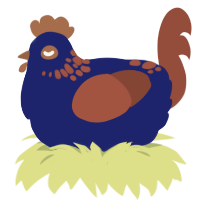 A navy and russet chicken with a neck-speckle pattern