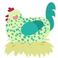 A apple and turquoise chicken with a speckle pattern