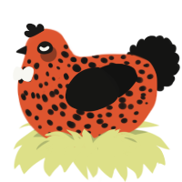 Jack, a vermilion and black chicken with a speckle pattern