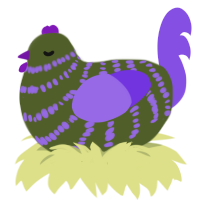 rotten pie, a olive and blurple chicken with a bar pattern