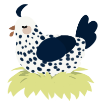 A white and tumblr chicken with a speckle pattern
