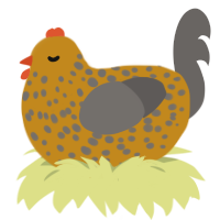 A ochre and grey chicken with a speckle pattern