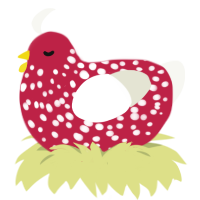 A crimson and white chicken with a speckle pattern