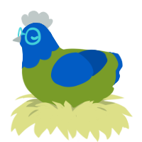 Bliss, a chartreuse and ultramarine chicken with a head pattern