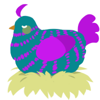 A teal and amethyst chicken with a bar pattern