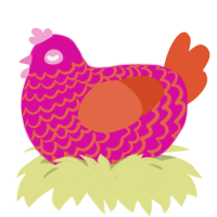 A fuchsia and vermilion chicken with a lace pattern