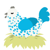 Bowl, a white and cerulean chicken with a speckle pattern