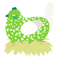 A grass and white chicken with a speckle pattern