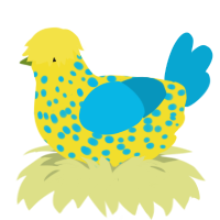 A yellow and cerulean chicken with a speckle pattern