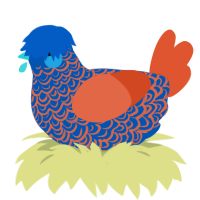 Fred, a ultramarine and vermilion chicken with a double-lace pattern
