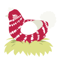 A crimson and white chicken with a bar pattern