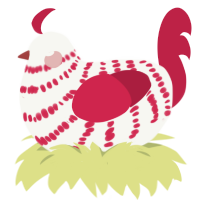 Pippi, a white and crimson chicken with a bar pattern