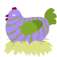 A lilac and chartreuse chicken with a bar pattern